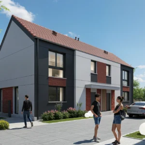 Wizualizacja frontowa nr 3 nowoczesnych domów na osiedlu Turkusowym w Kamieniu